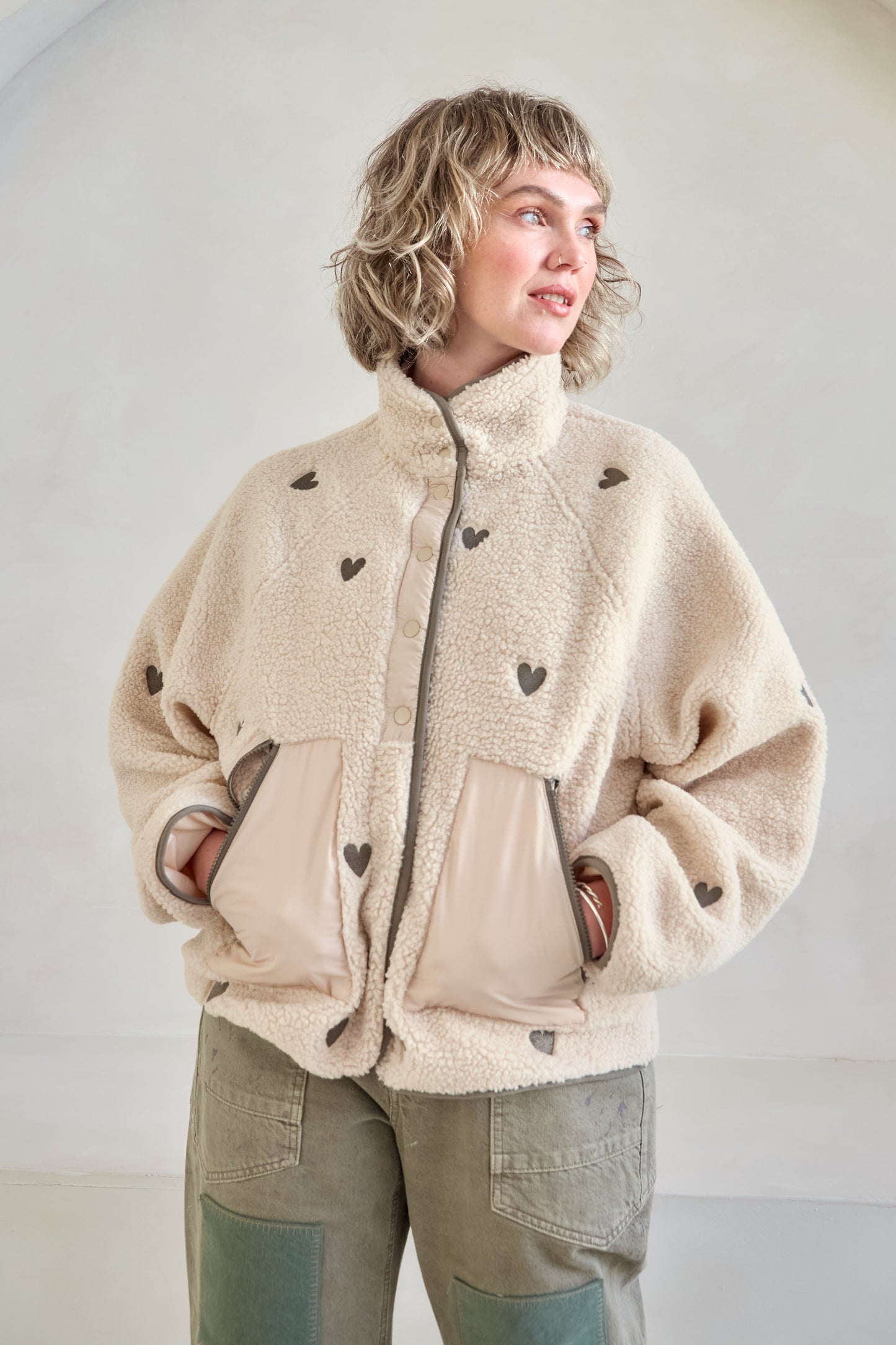 O&F Heart Embroidered Borg Fleece Jacket - Dark Oat