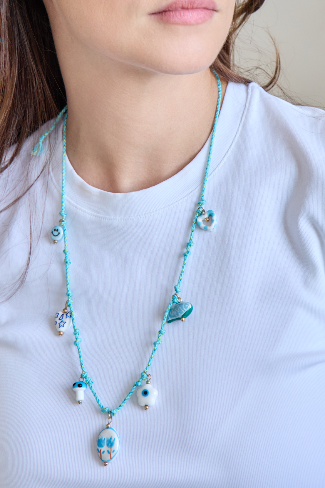 O&F Beaded Charm Cord Necklace - Blue
