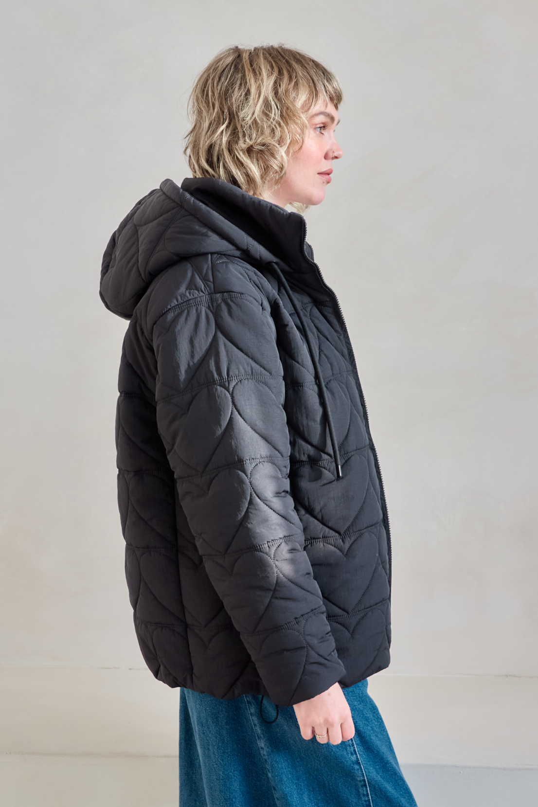 O&F Heart Quilted Coat - Black