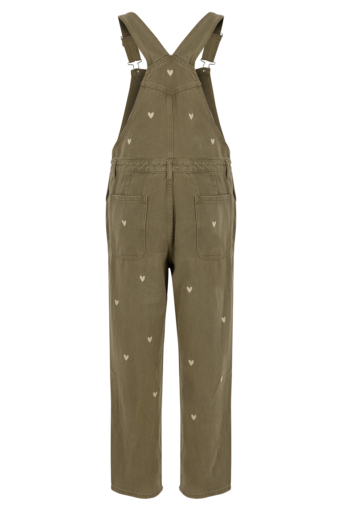 O&F Heart Embroidered Dungarees - Khaki