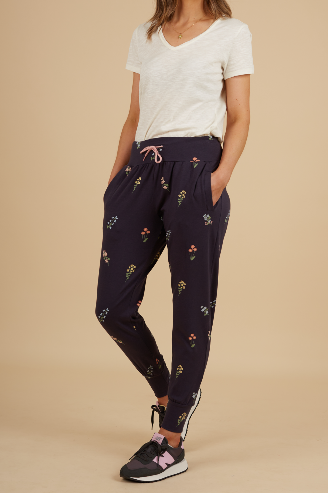O F Floral Print Stretch Joggers Navy