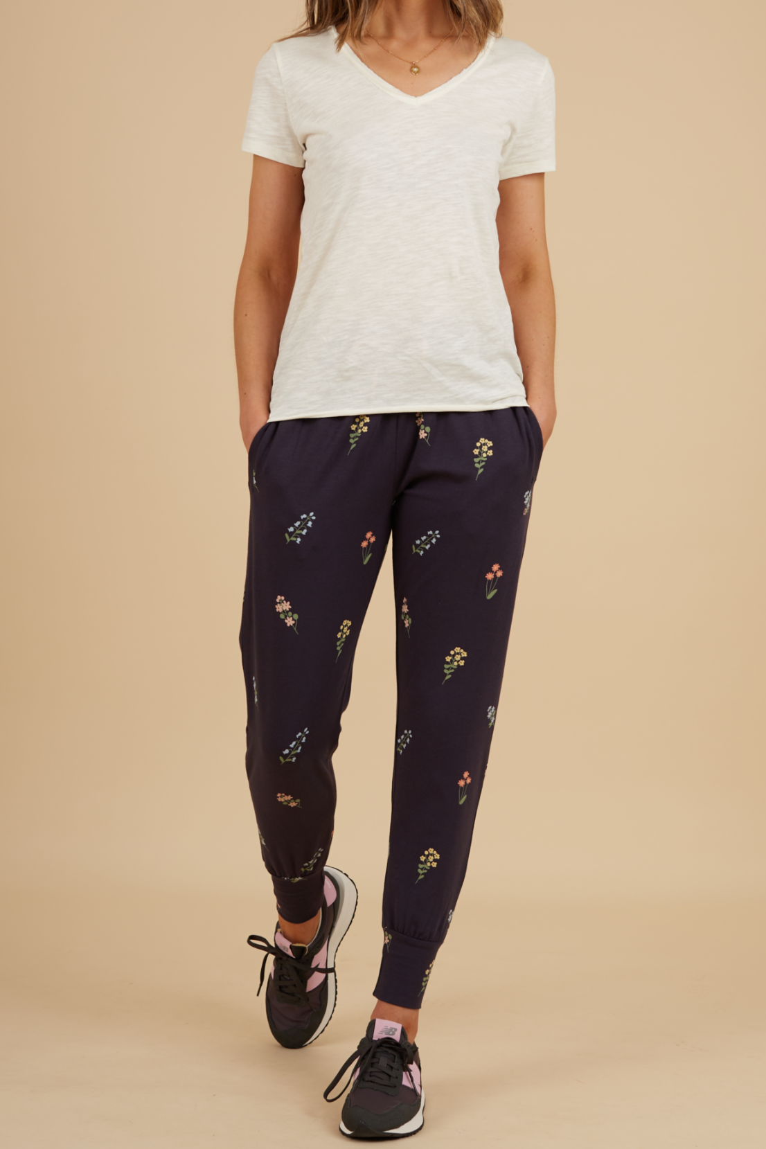 O&F Floral Print Stretch Joggers - Navy