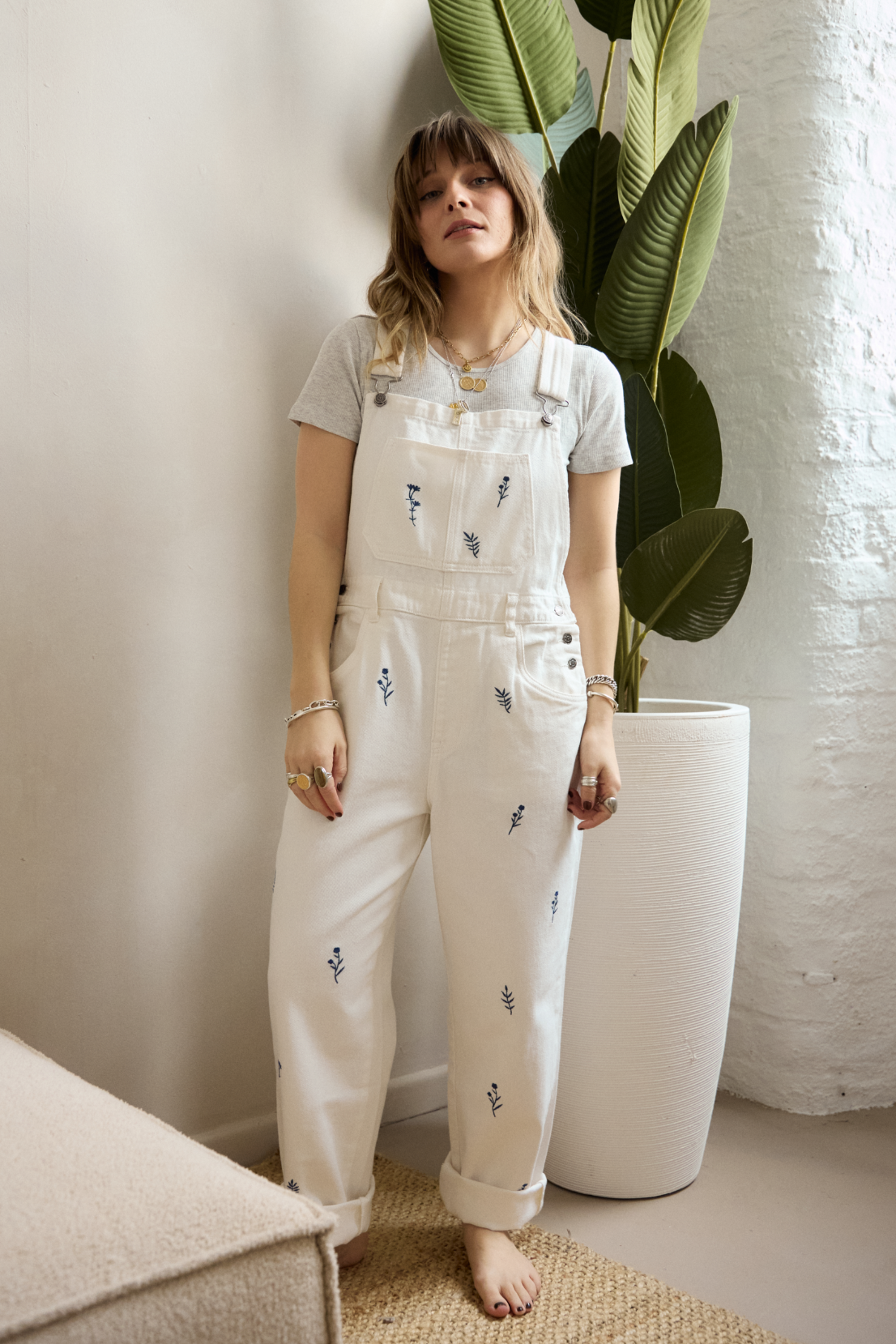 O&F Floral Embroidered Dungarees