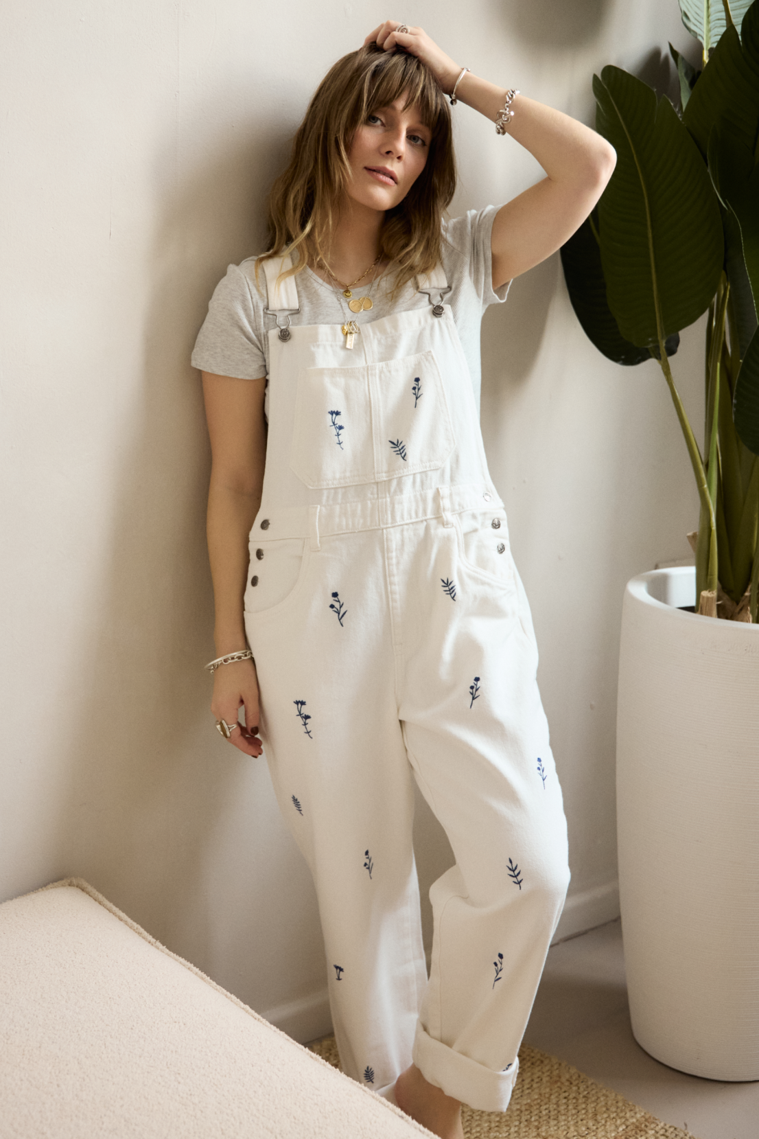 O&F Floral Embroidered Dungarees
