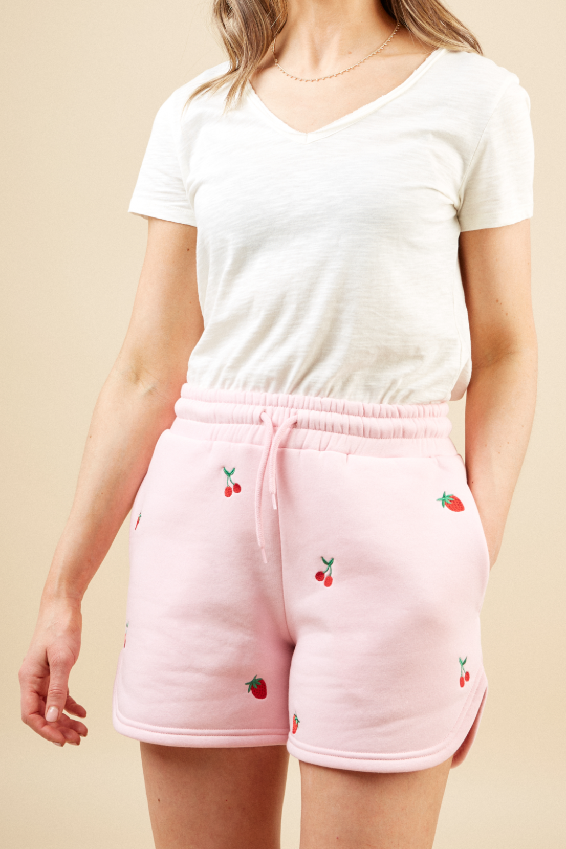 O F Fruit Embroidered Shorts Pink
