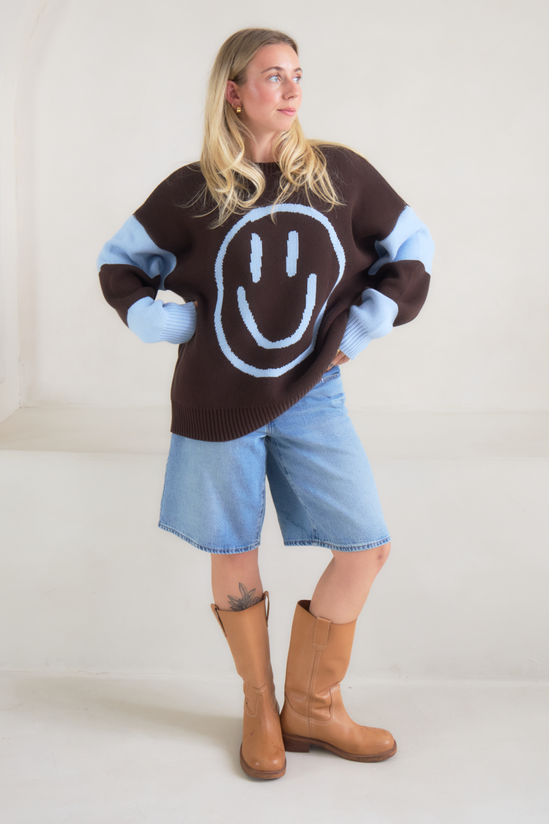 O&F Happy Face Jumper - Chocolate/Blue