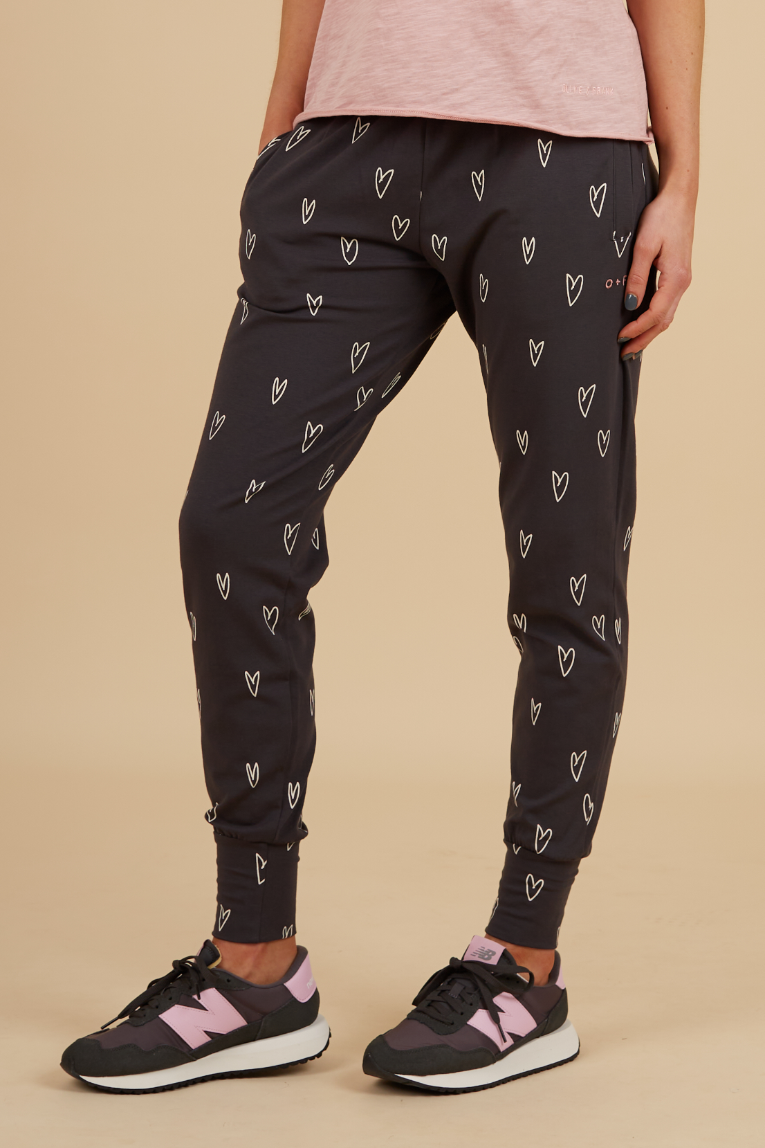 O&F Heart Print Stretch Joggers - Charcoal Grey