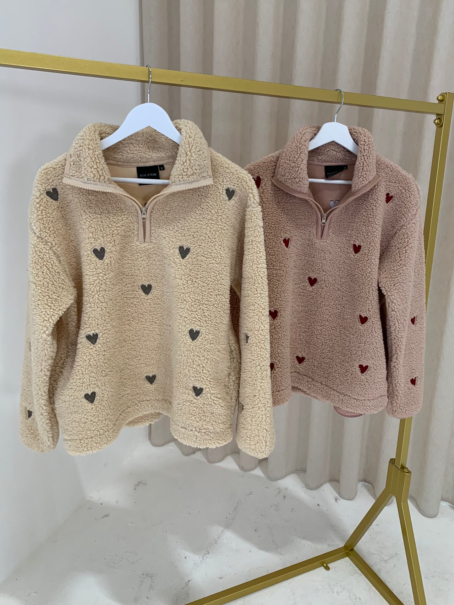 O&F Pink Heart Embroidered Borg Fleece