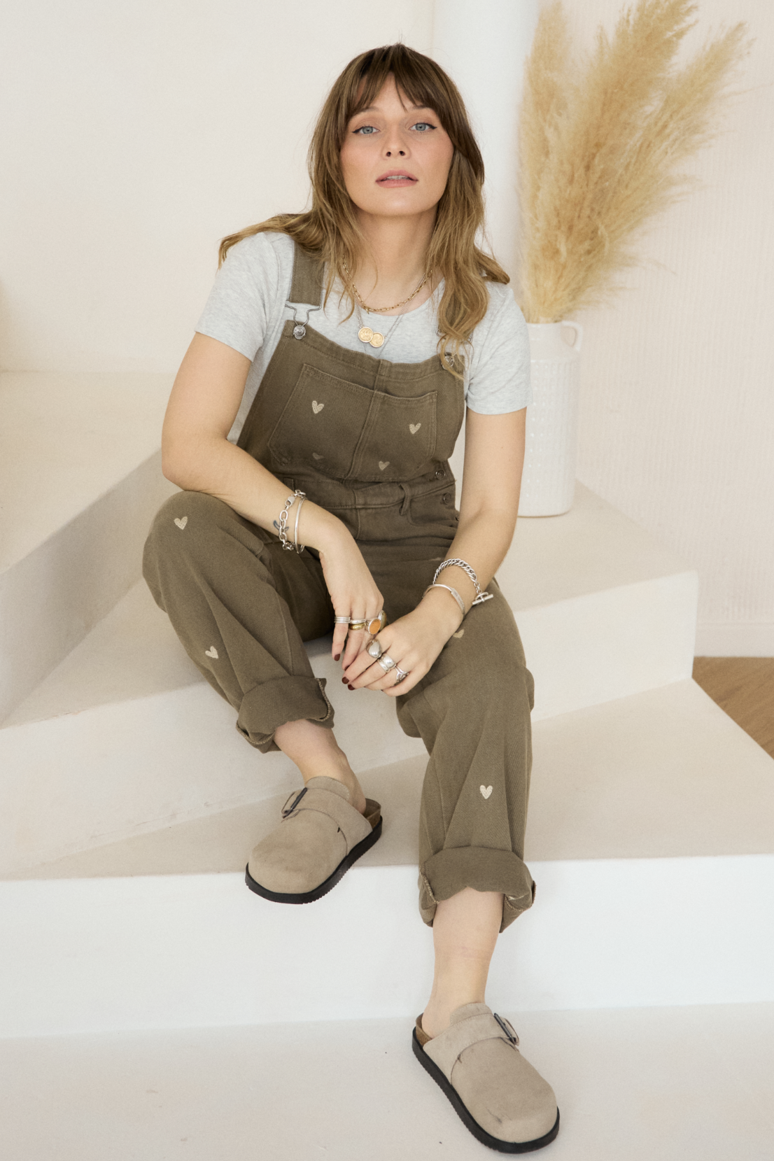 O&F Heart Embroidered Dungarees - Khaki