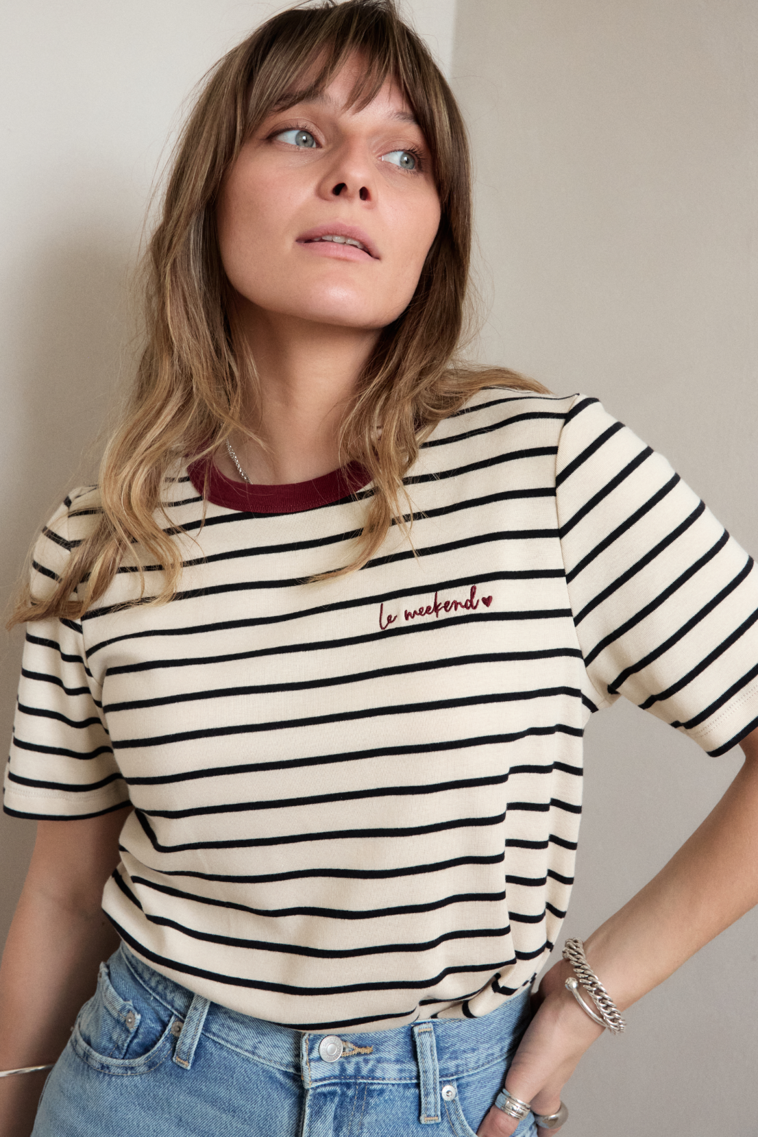 O&F Le Weekend Embroidered Short Sleeve Breton Tee