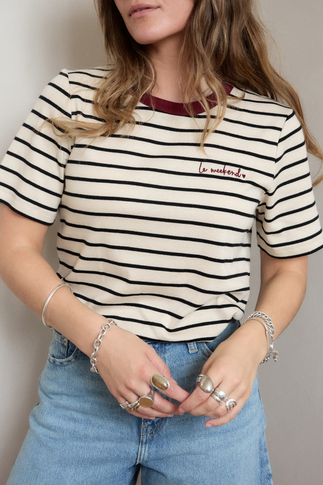 O&F Le Weekend Embroidered Short Sleeve Breton Tee