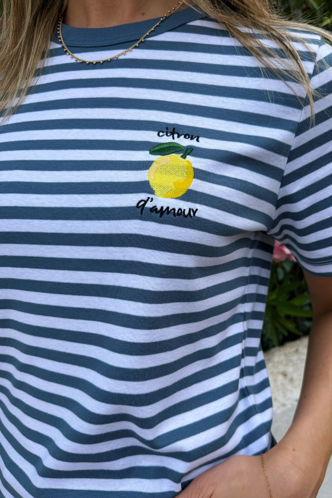 O&F Lemon Embroidered Short Sleeve Breton Tee