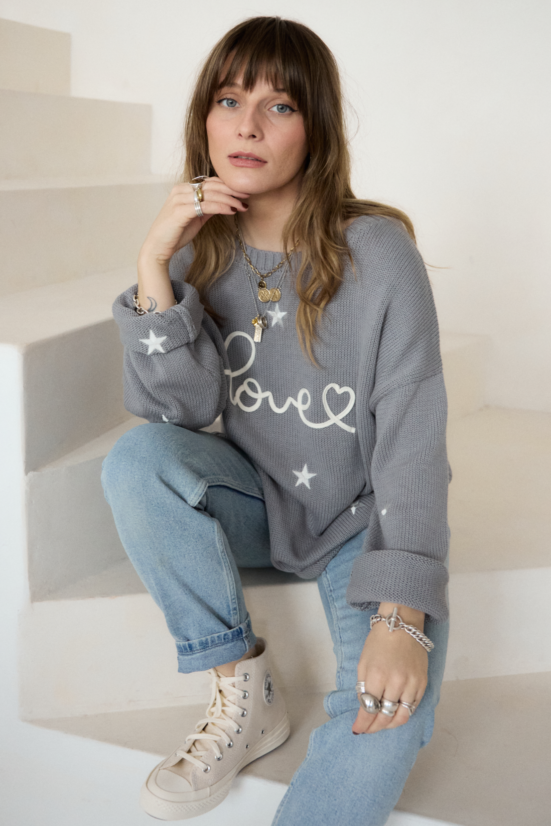 O&F Love Embroidered Jumper - Grey