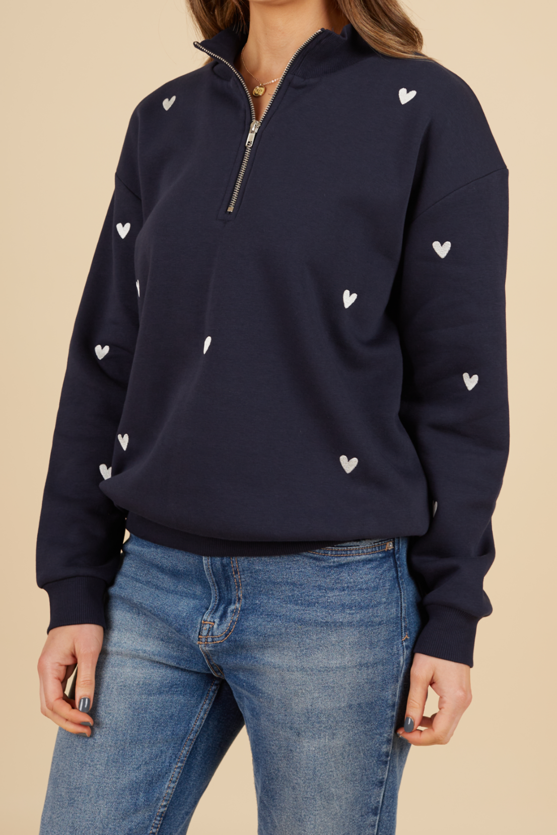 O&F Navy Heart Embroidered Quarter Zip Sweatshirt
