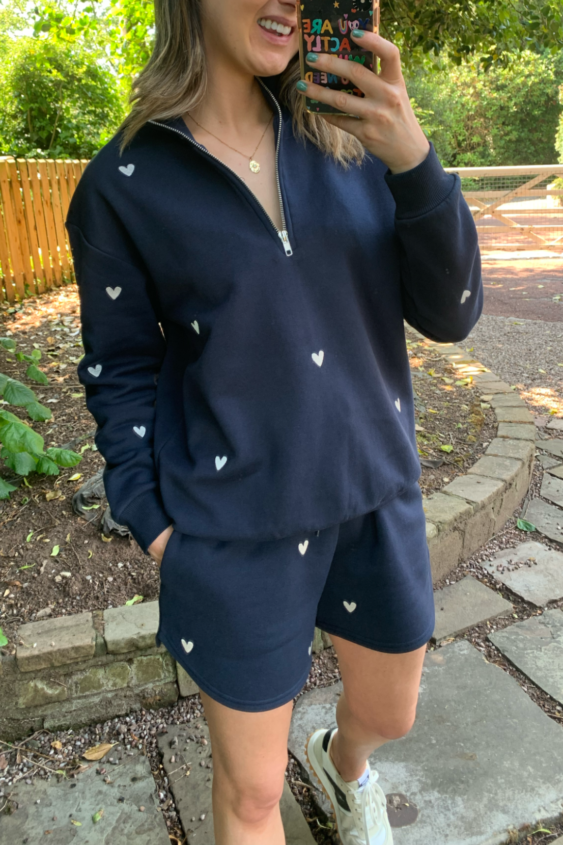 O&F Navy Heart Embroidered Quarter Zip Sweatshirt