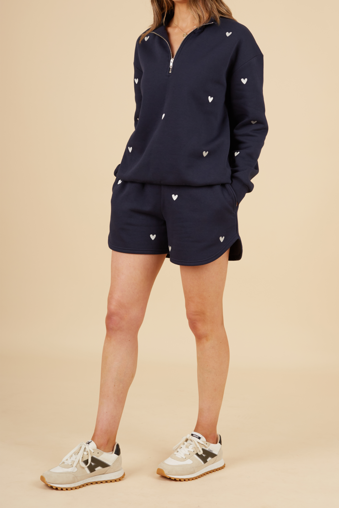 O&F Navy Heart Embroidered Quarter Zip Sweatshirt