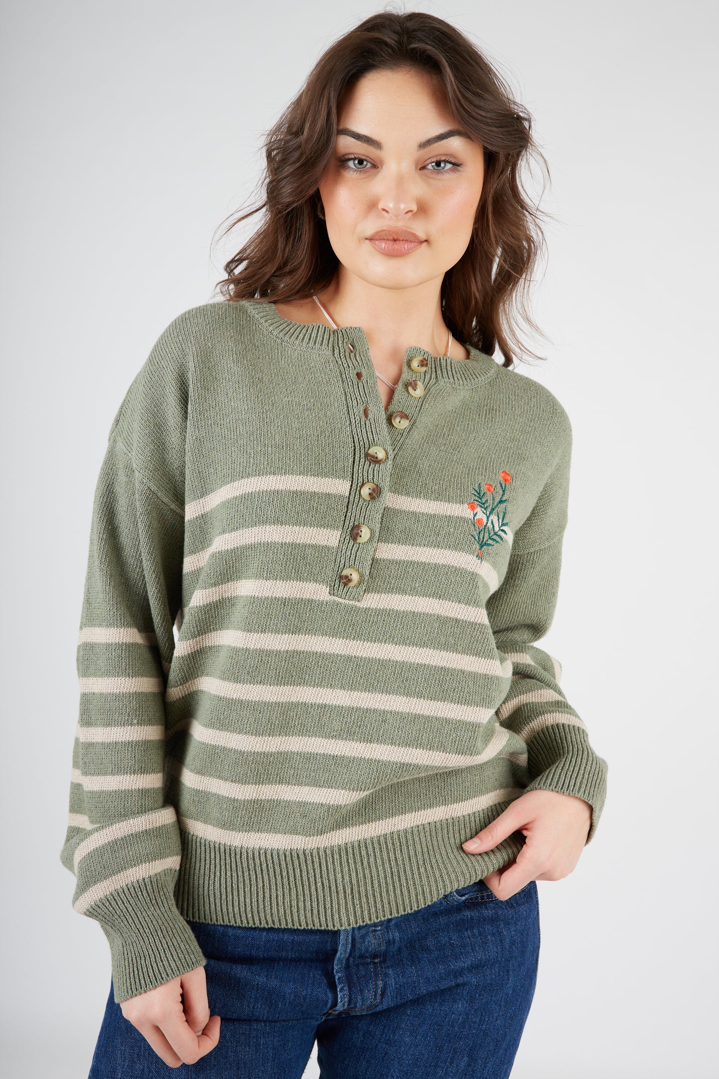 O&F Knitted Henley - Green