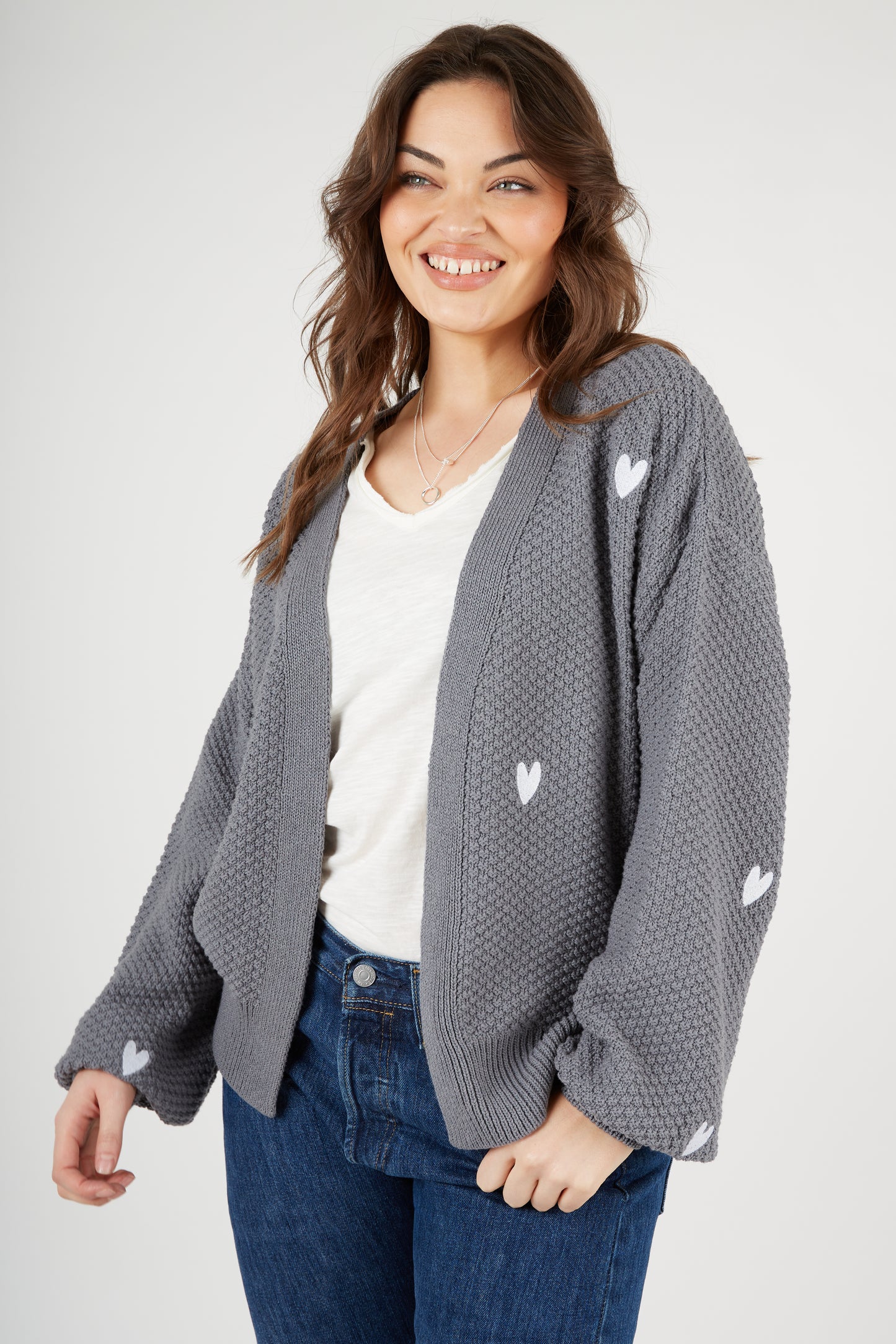 O&F Heart Embroidered Cardigan - Grey