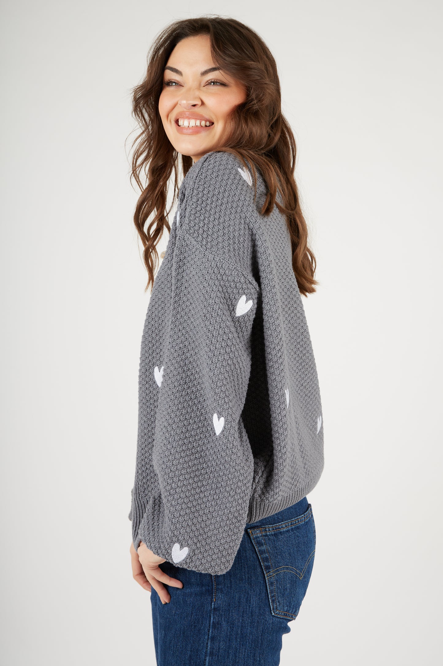 O&F Heart Embroidered Cardigan - Grey