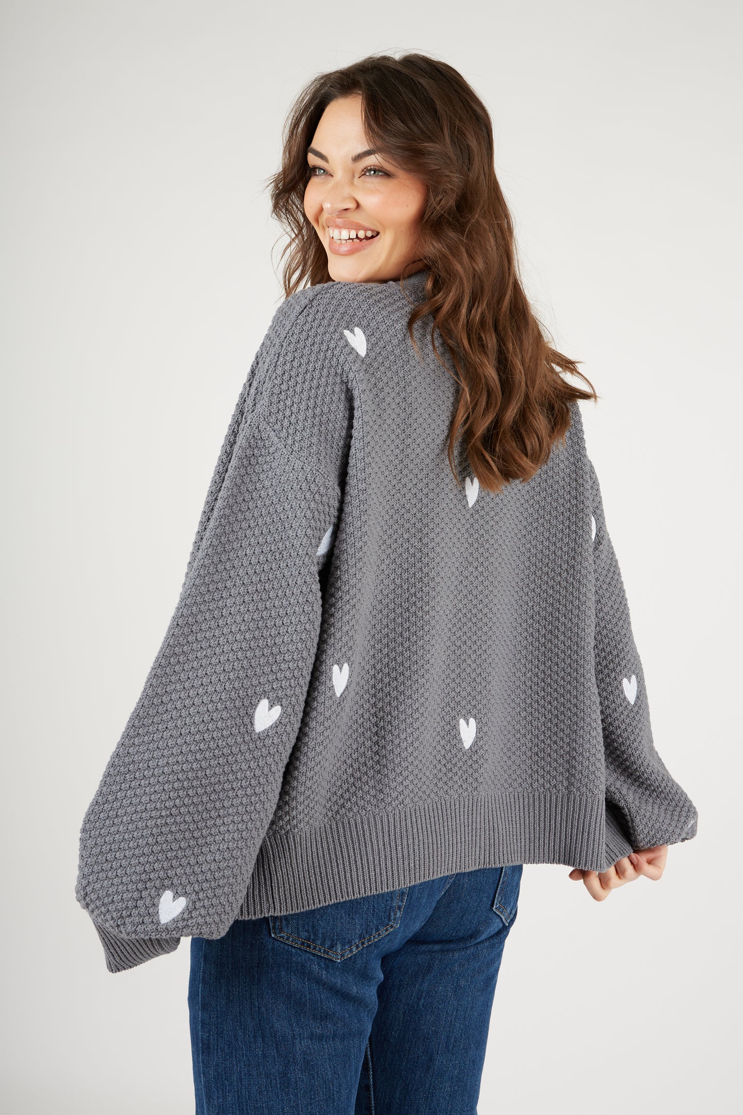 O&F Heart Embroidered Cardigan - Grey