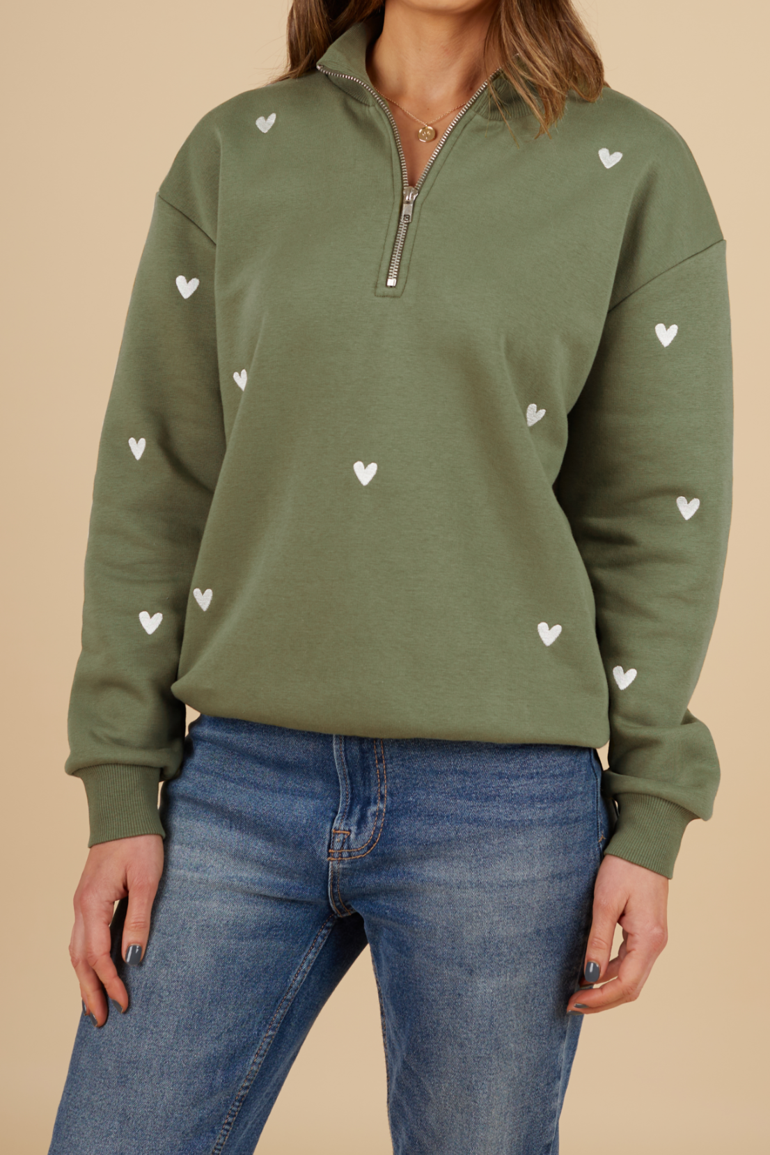 O&F Olive Heart Embroidered Quarter Zip Sweatshirt