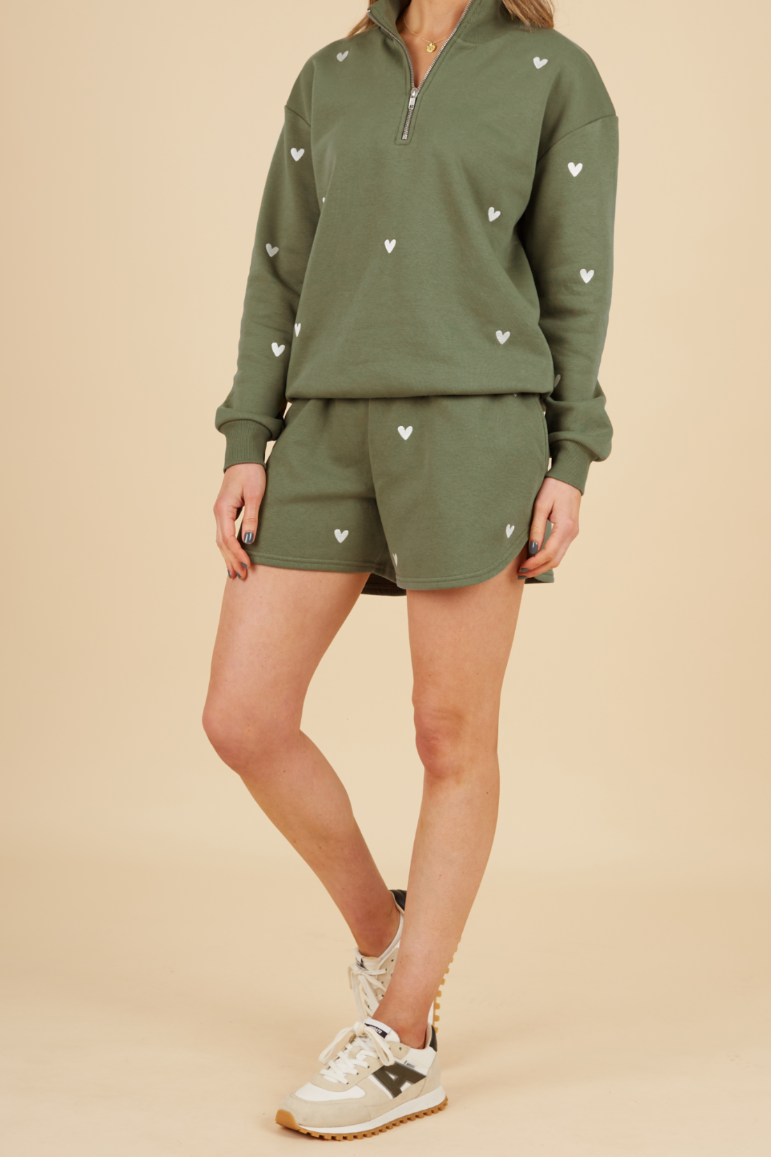 O&F Olive Heart Embroidered Half Zip Sweatshirt