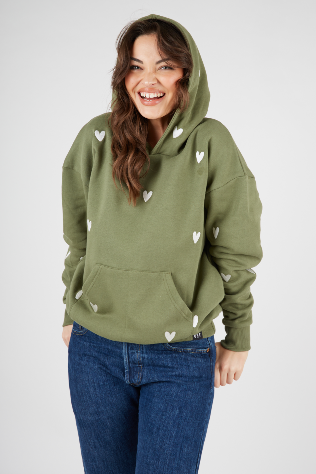 O&F Heart Embroidered Hoodie Olive