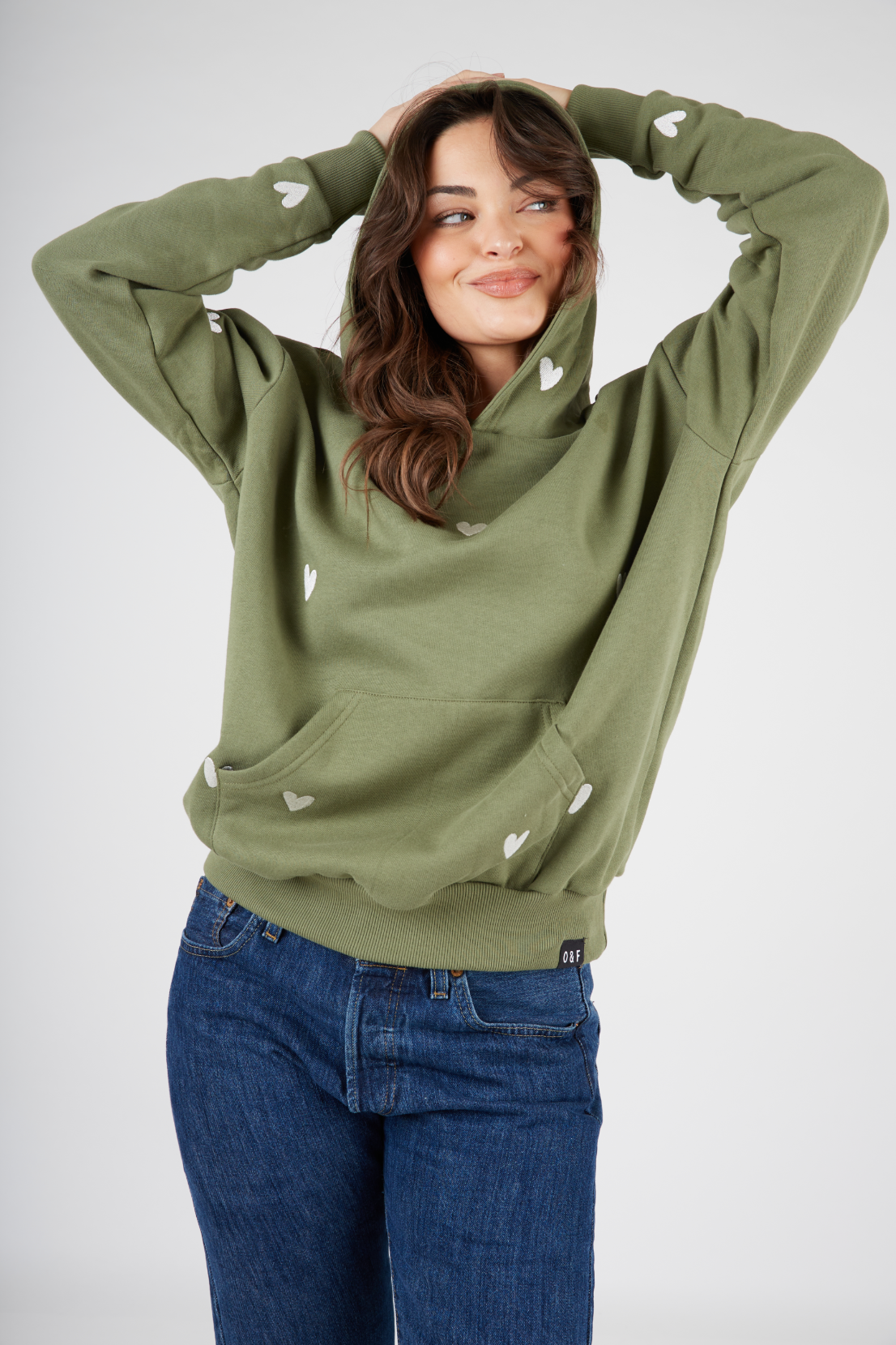 O&F Heart Embroidered Hoodie - Olive