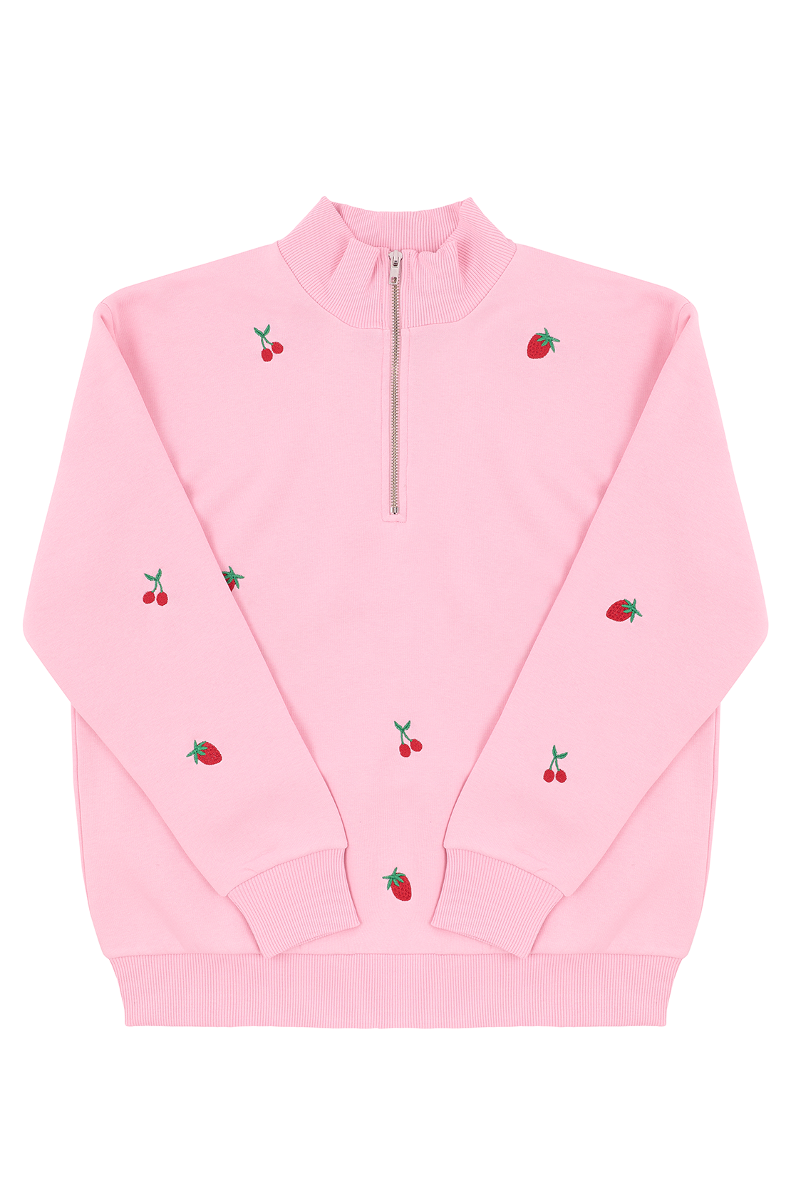 O&F Fruit Embroidered Quarter Zip Sweatshirt - Pink