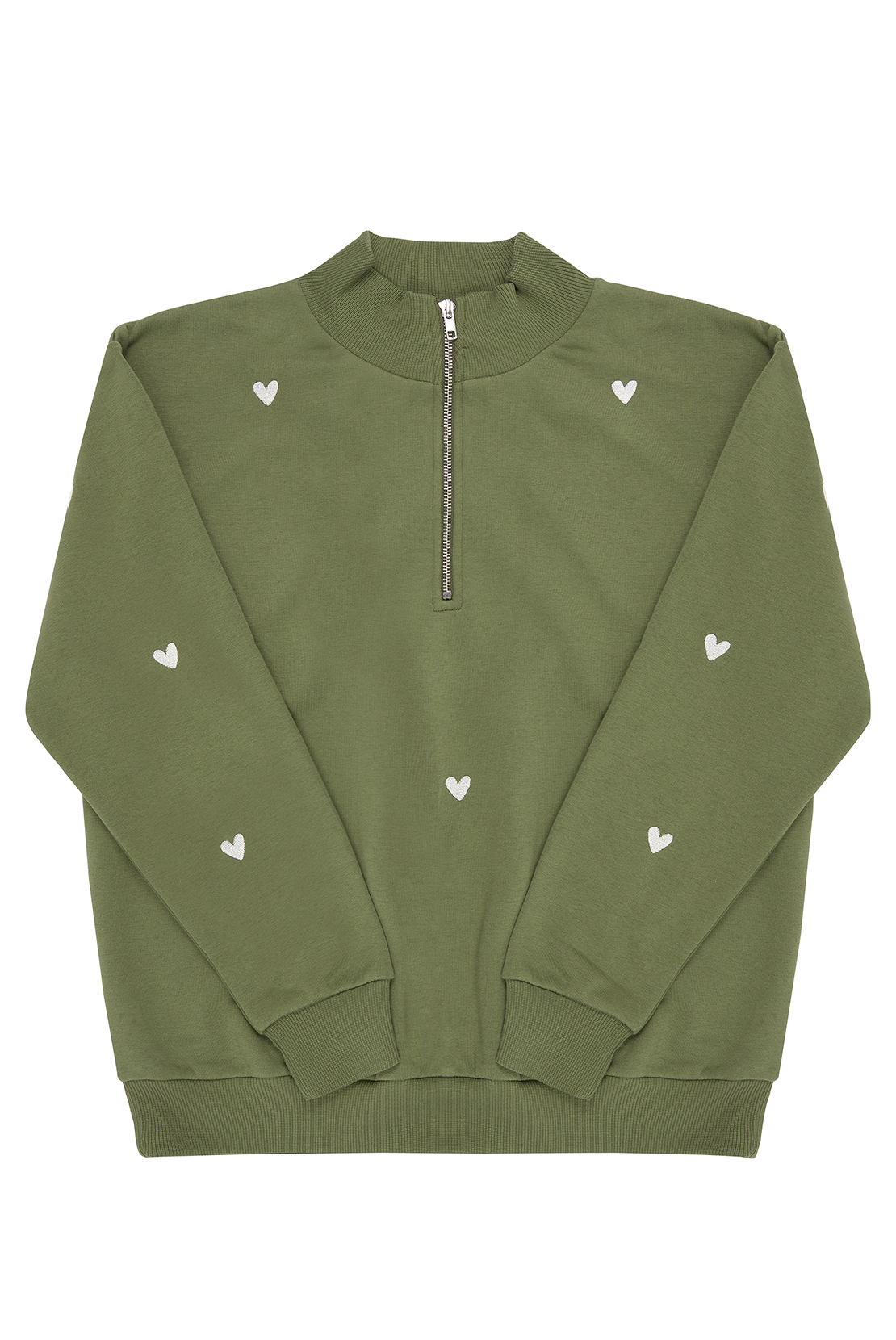 O&F Olive Heart Embroidered Half Zip Sweatshirt