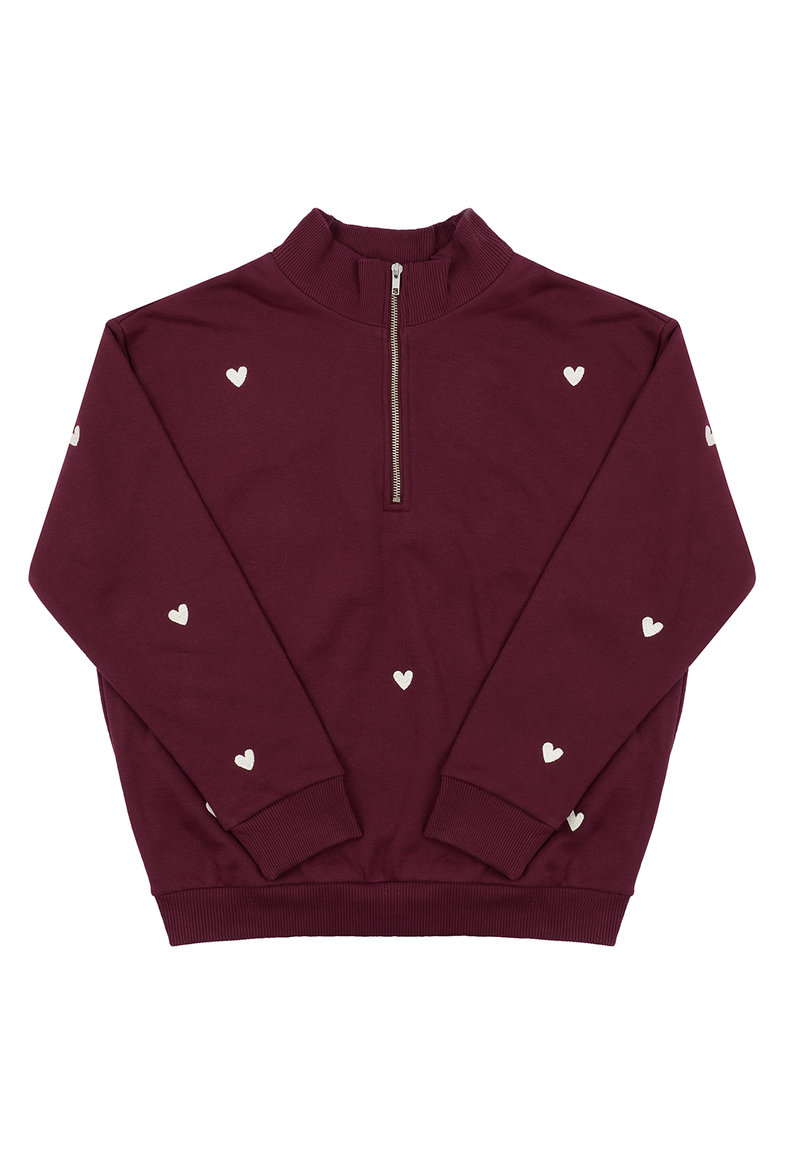 O&F Burgundy Heart Embroidered Quarter Zip Sweatshirt