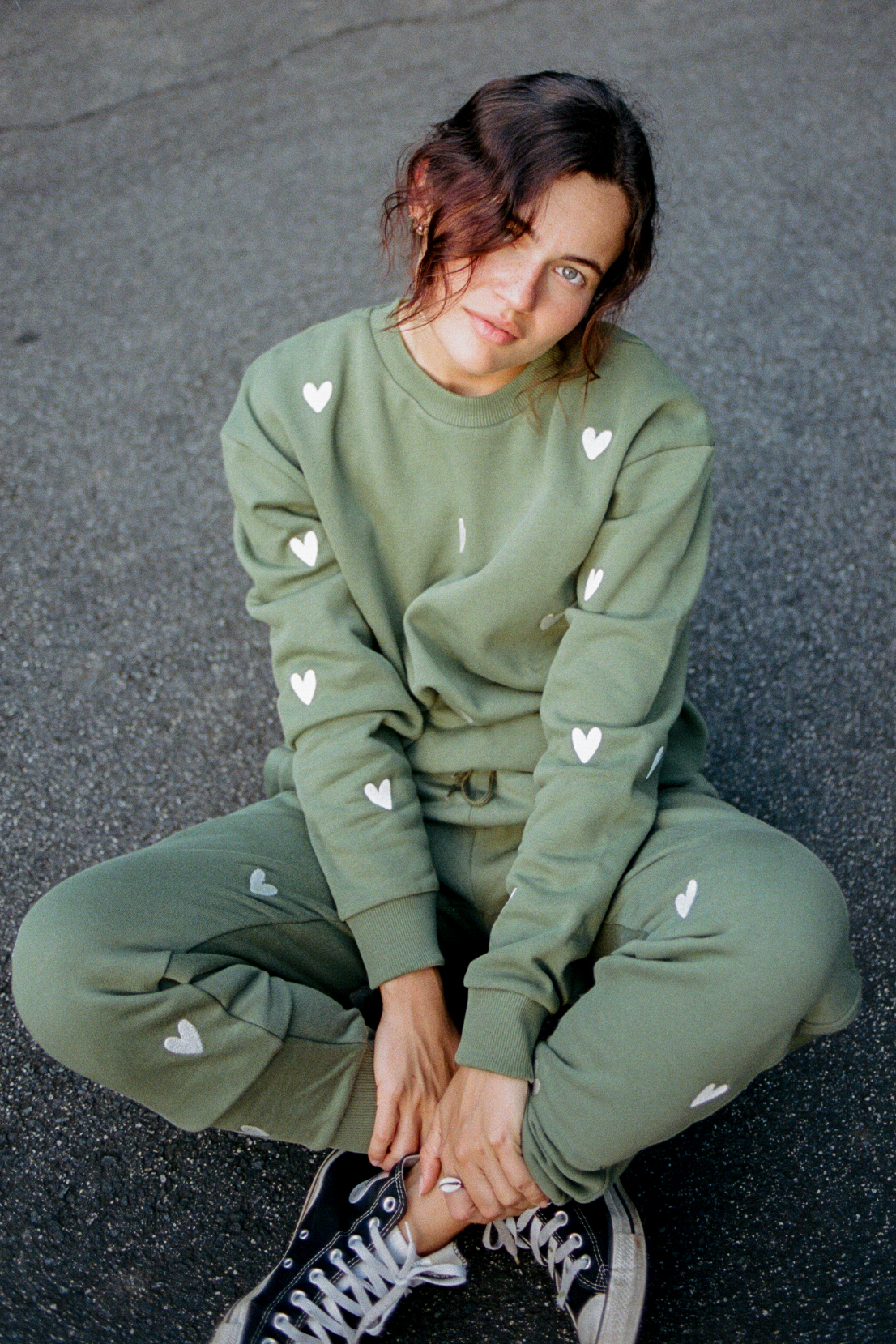 O&F Heart Embroidered Sweatshirt - Olive