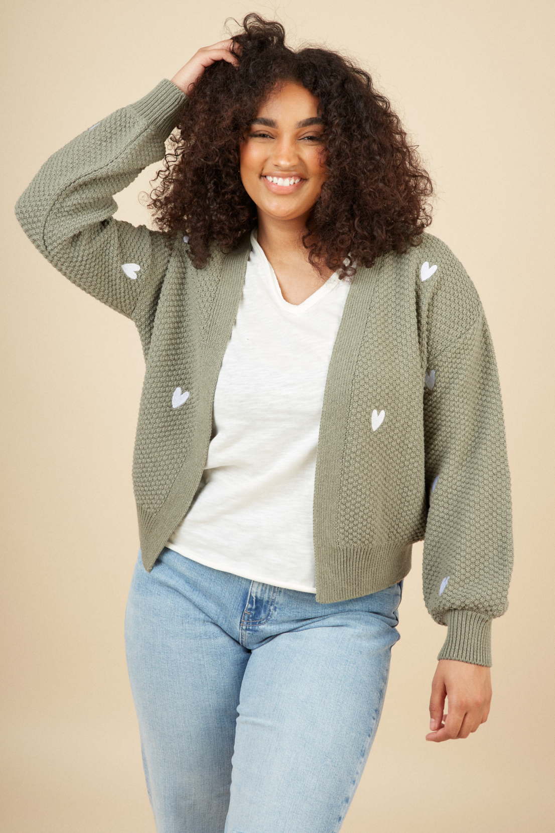 O&F Heart Embroidered Cardigan - Sage