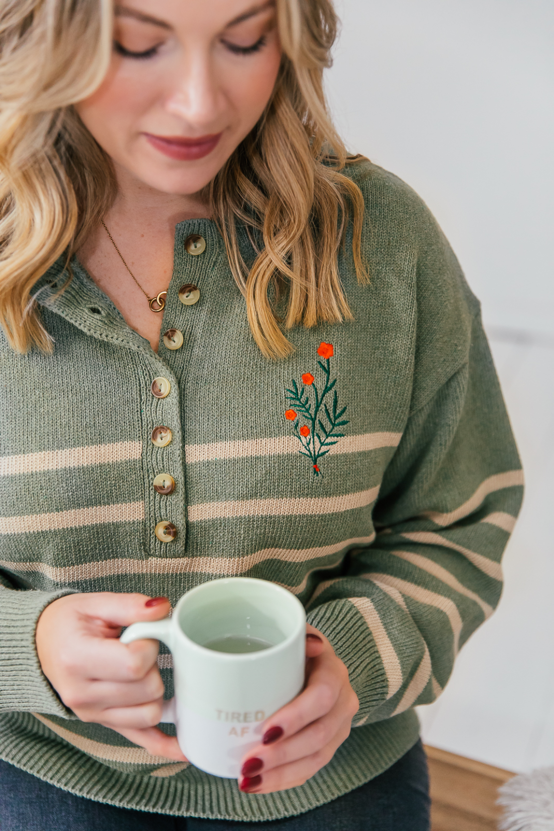 O&F Knitted Henley - Green