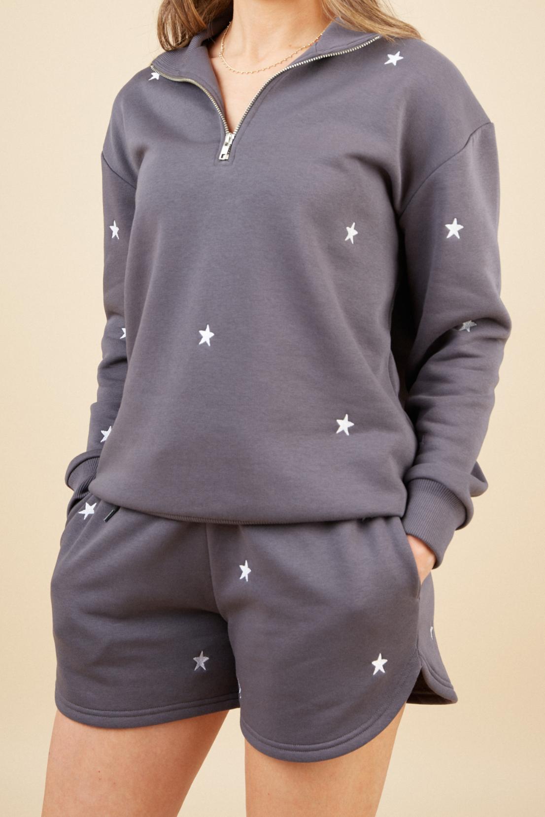 O&F Star Embroidered Shorts - Grey