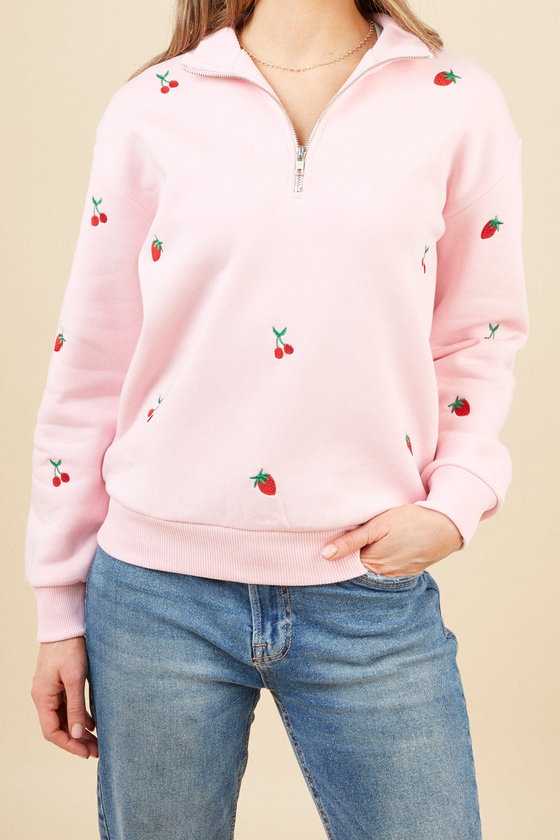 O&F Fruit Embroidered Quarter Zip Sweatshirt - Pink