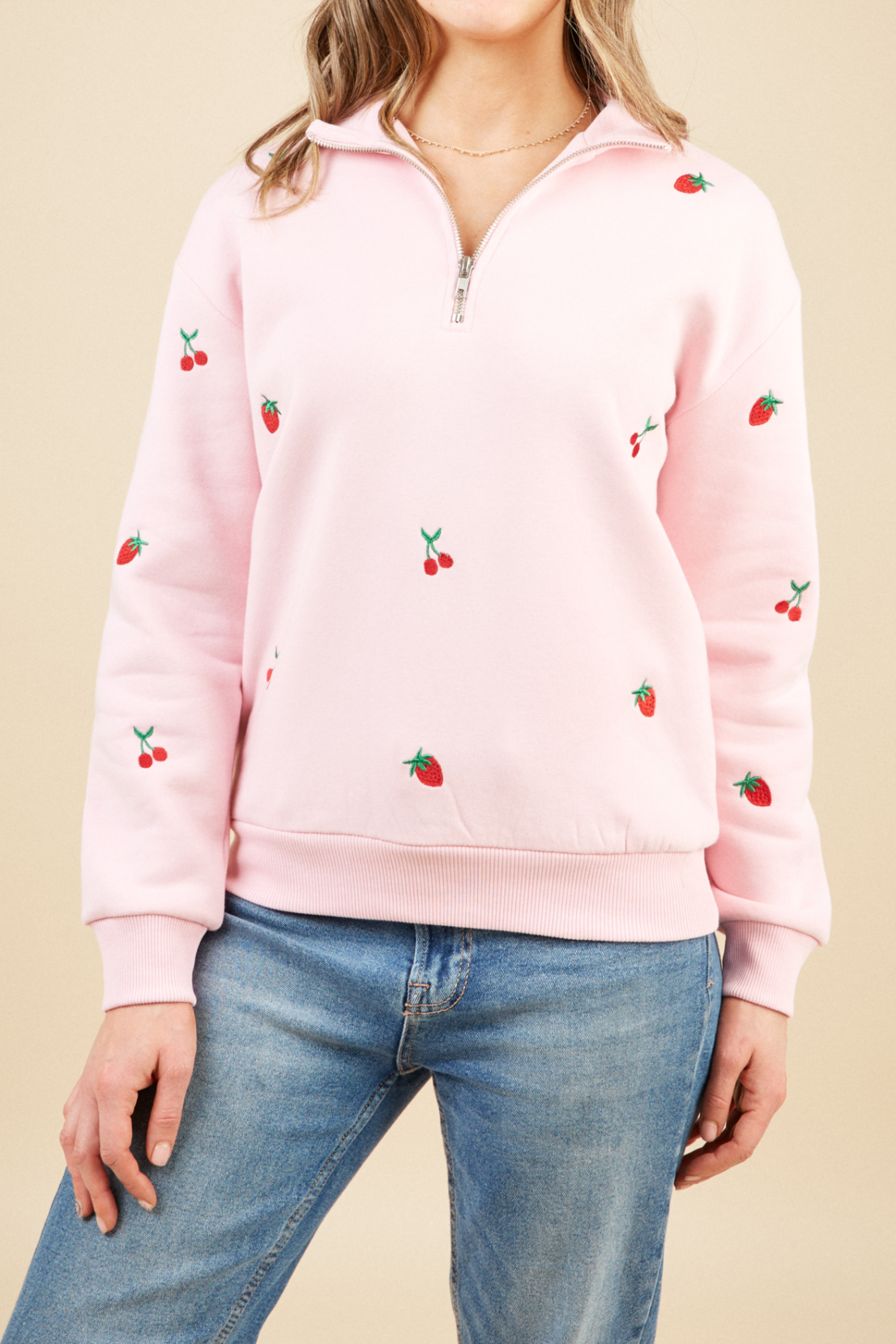 O&F Fruit Embroidered Quarter Zip Sweatshirt - Pink