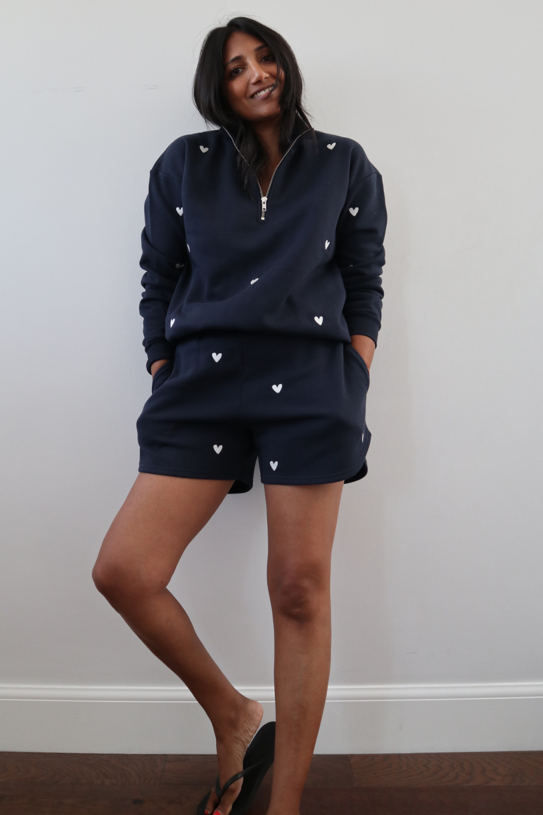 O&F Navy Heart Embroidered Quarter Zip Sweatshirt