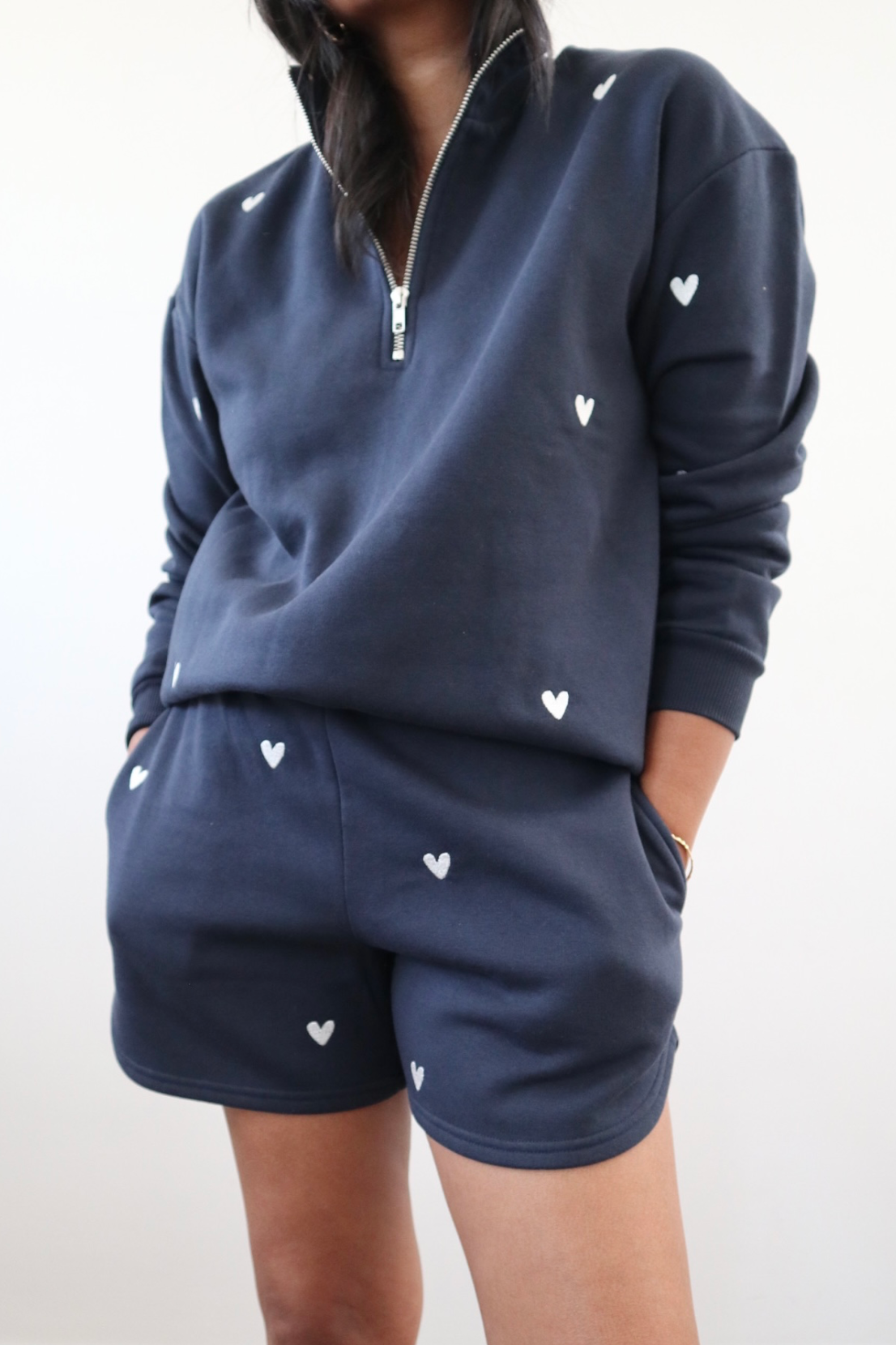 O&F Navy Heart Embroidered Quarter Zip Sweatshirt