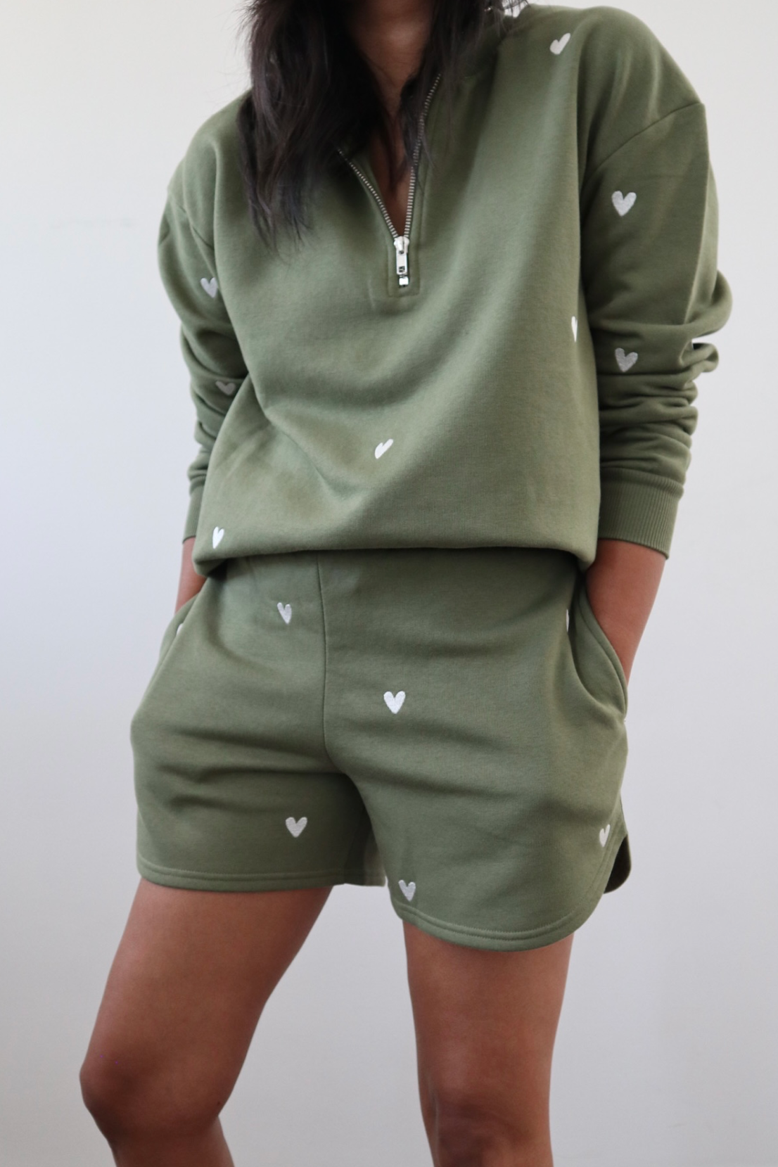 O&F Olive Heart Embroidered Half Zip Sweatshirt