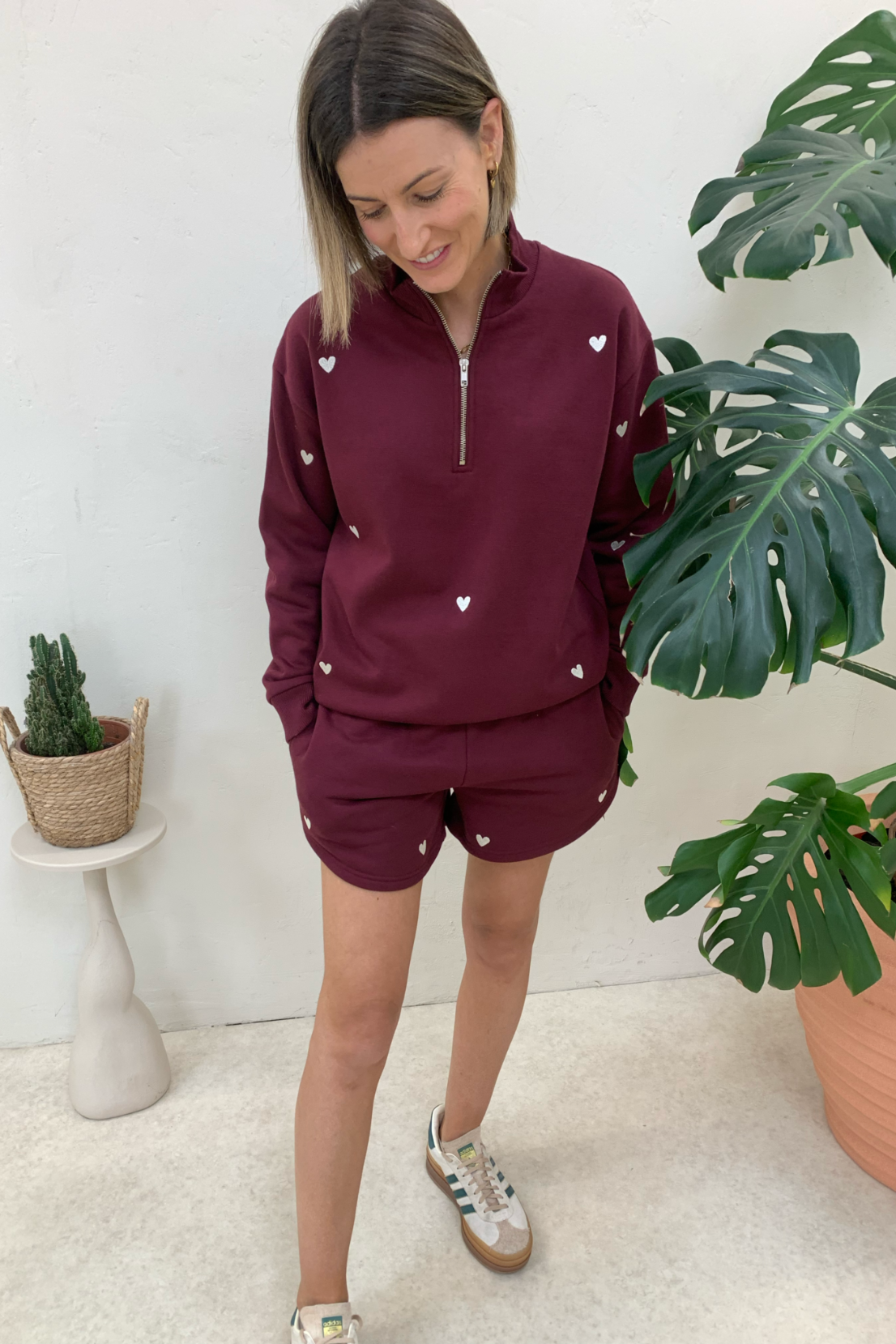 O&F Burgundy Heart Embroidered Quarter Zip Sweatshirt