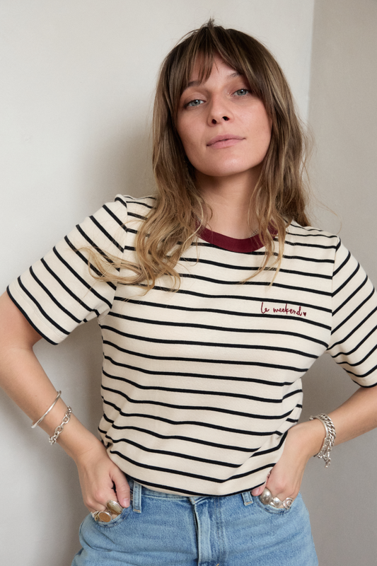 O&F Le Weekend Embroidered Short Sleeve Breton Tee