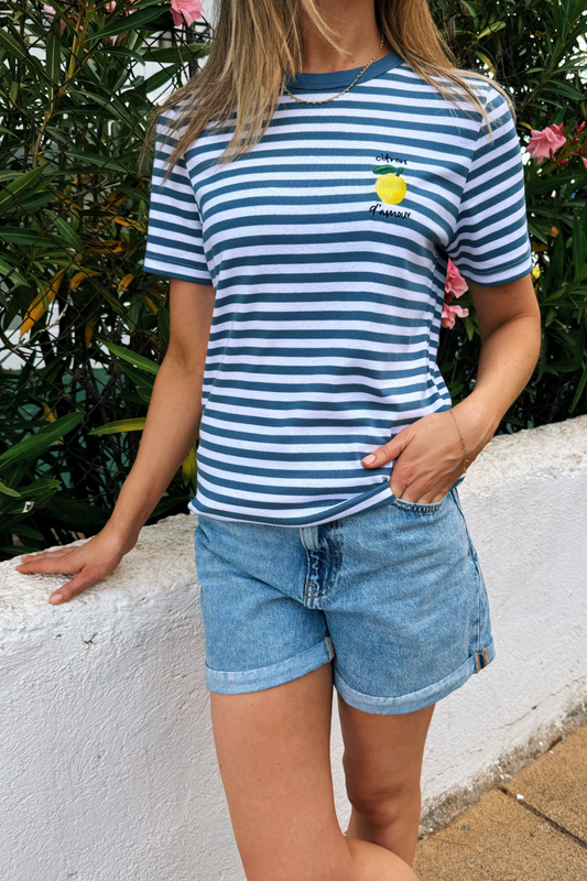 O&F Lemon Embroidered Short Sleeve Breton Tee