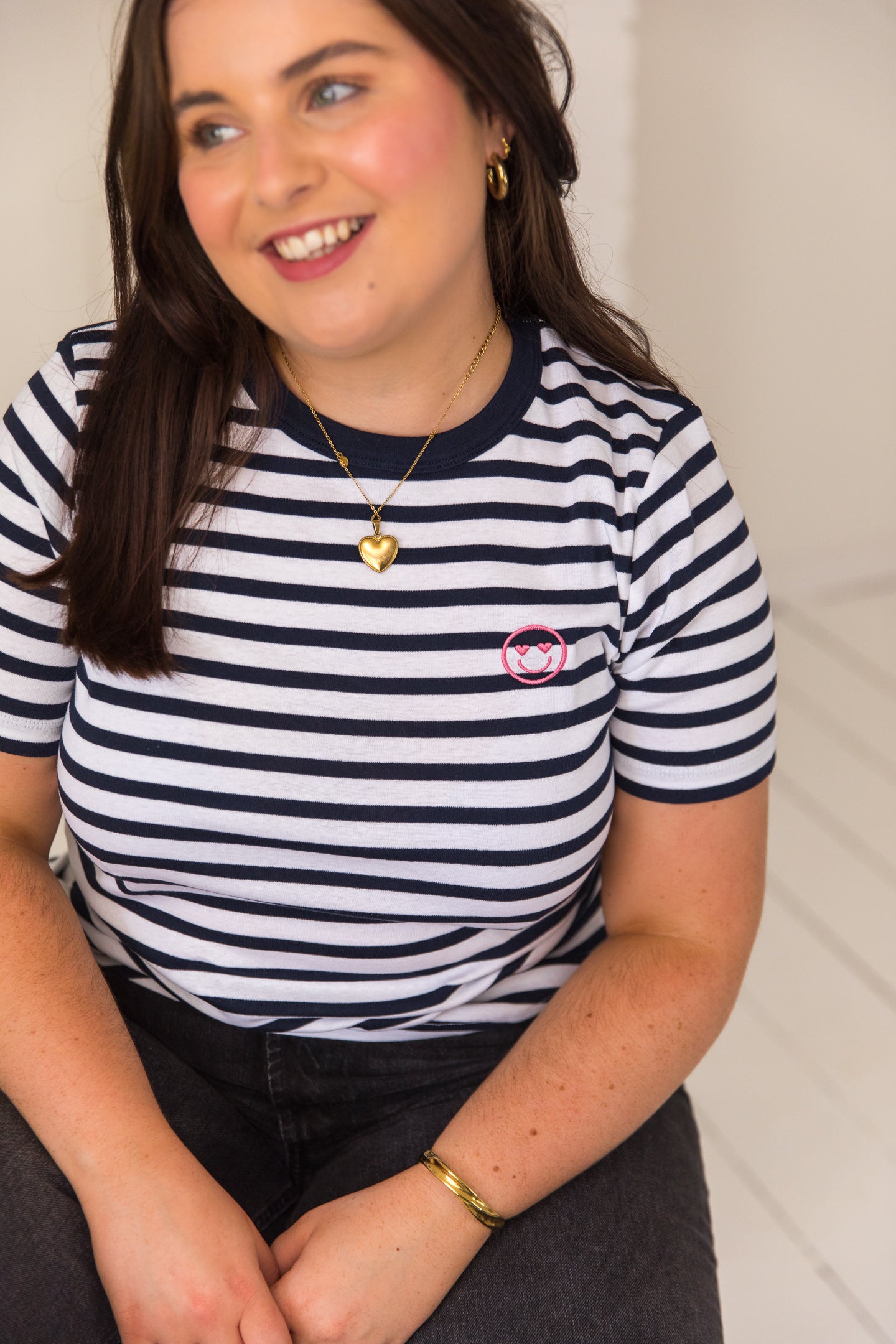 O&F Smiley Embroidered Short Sleeve Breton Tee