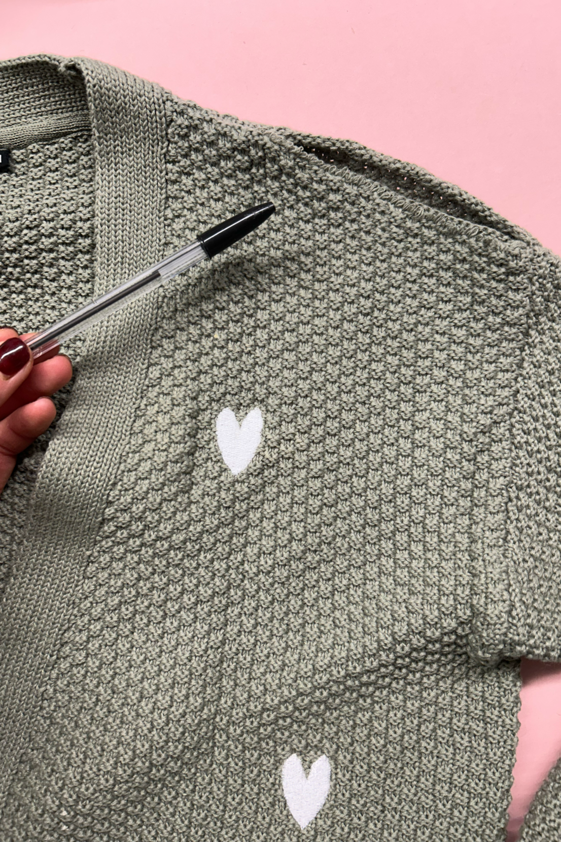 Faulty: Heart Embroidered Cardigan - Sage - Medium - Split at Seam