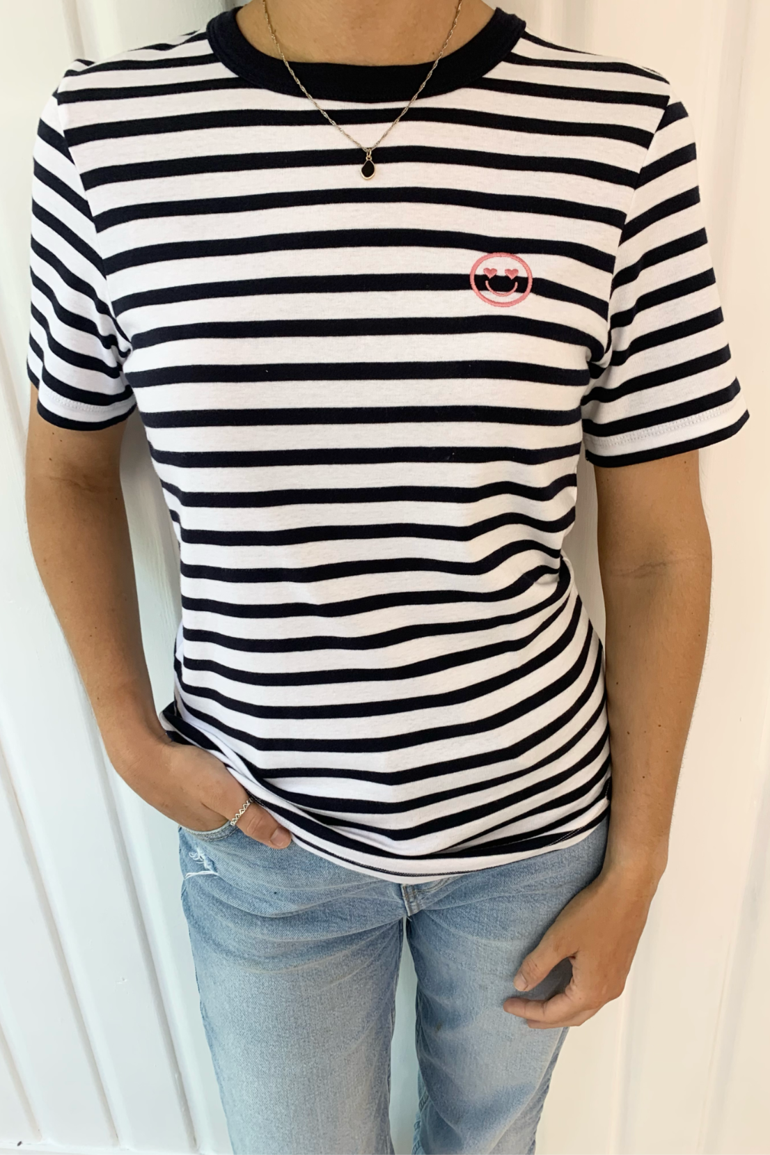 O&F Smiley Embroidered Short Sleeve Breton Tee