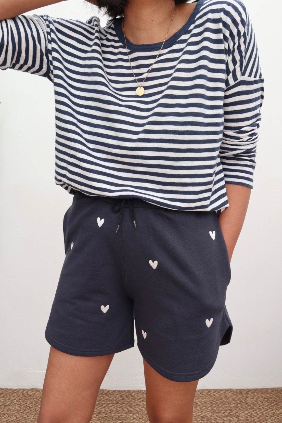 O&F Heart Embroidered Shorts - Navy
