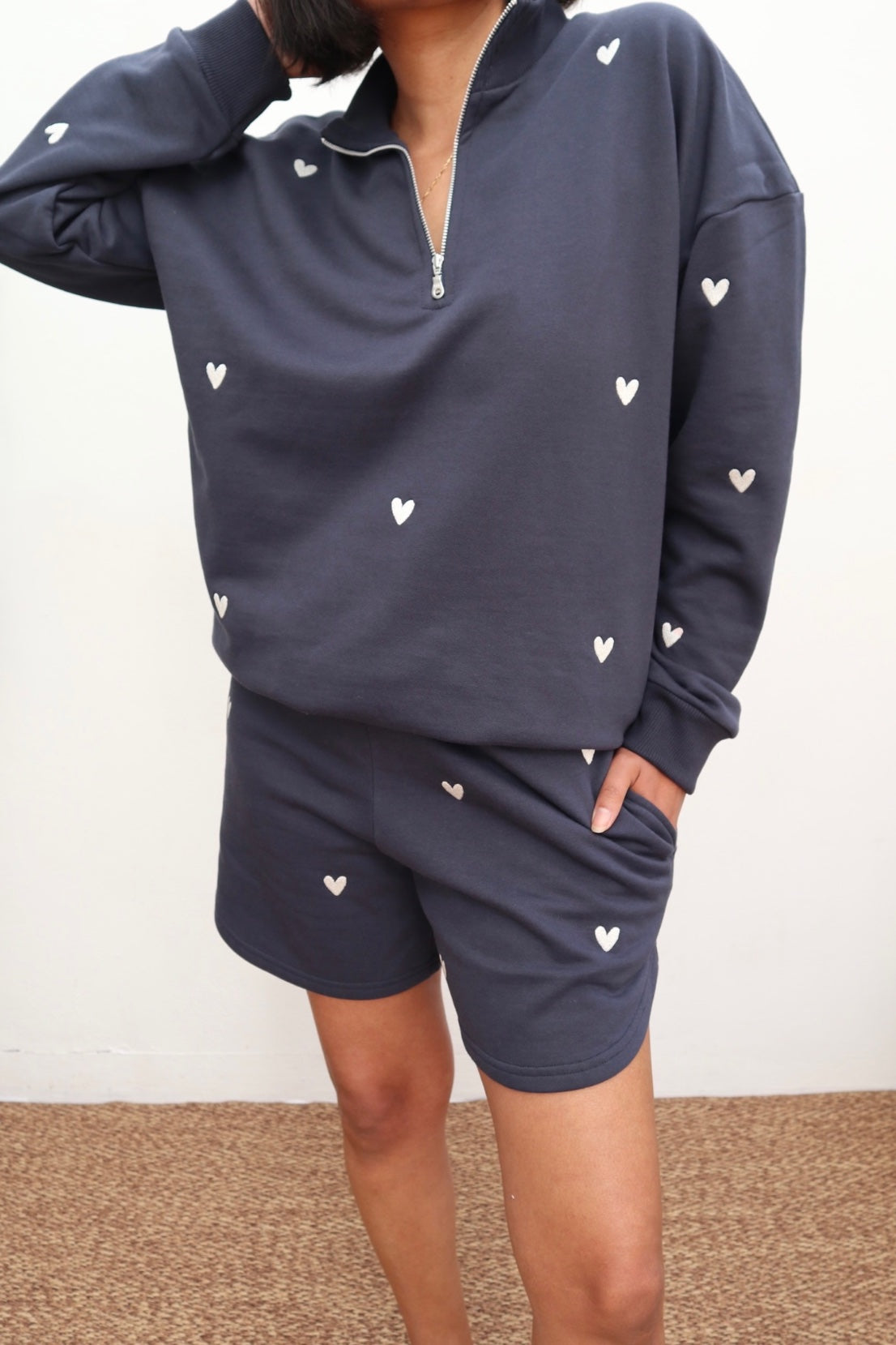 O&F Navy Heart Embroidered Quarter Zip Sweatshirt