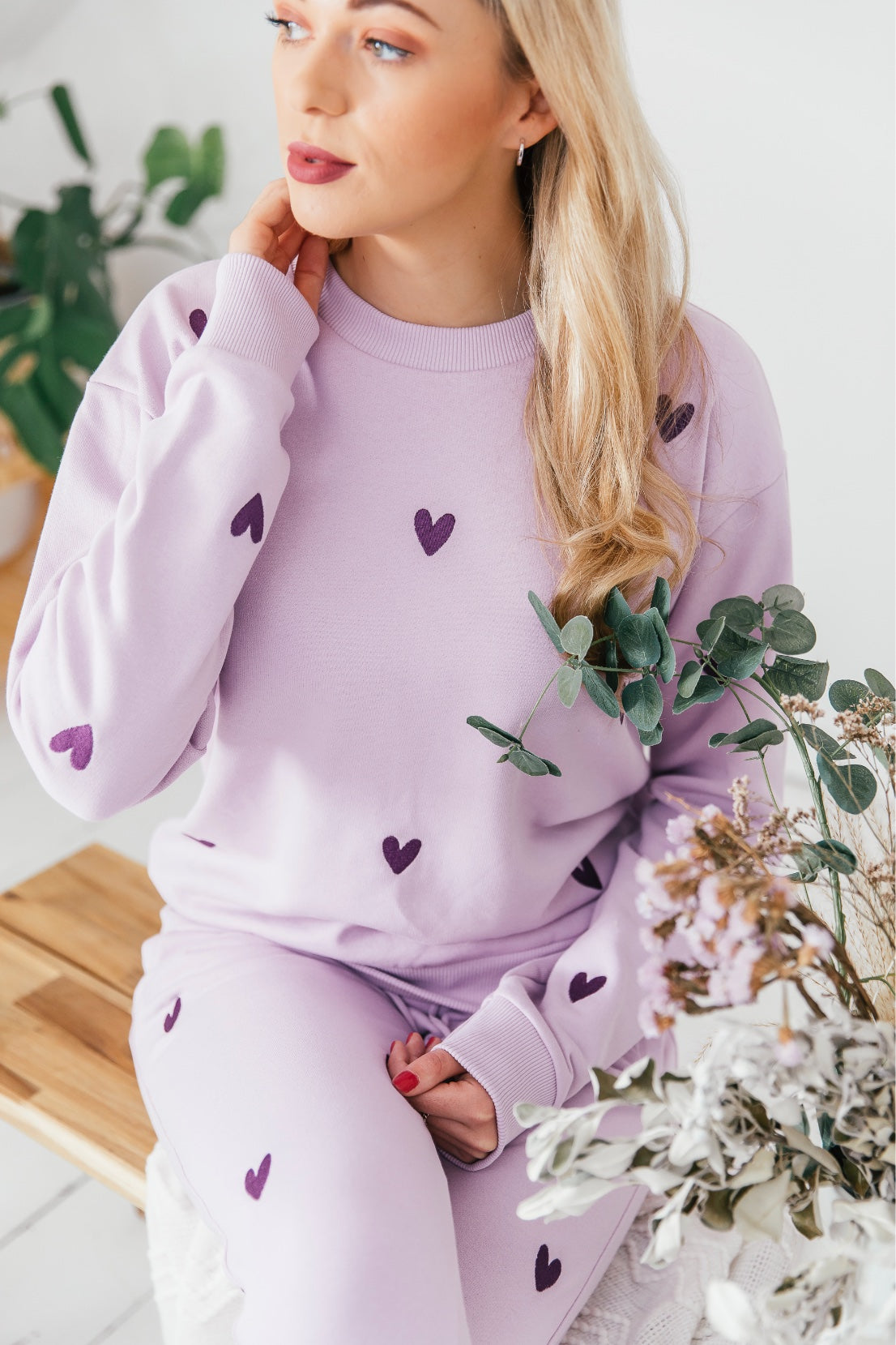 O&F Heart Embroidered Joggers - Lilac