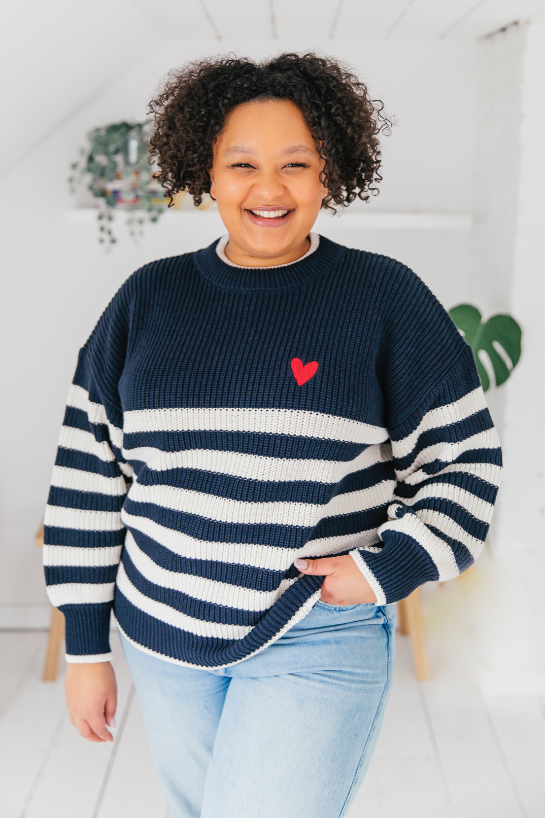 O&F Stripe Jumper with Heart Embroidery